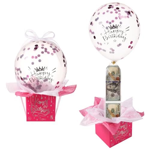 Pull Money Balloon Box for Cash Gift Funny Happy Birthday Surprise Set with Balloons Ribbon Holder Surprising Birthday Money Box Pull Out Gifts for Girlfriend Wife Rose Red