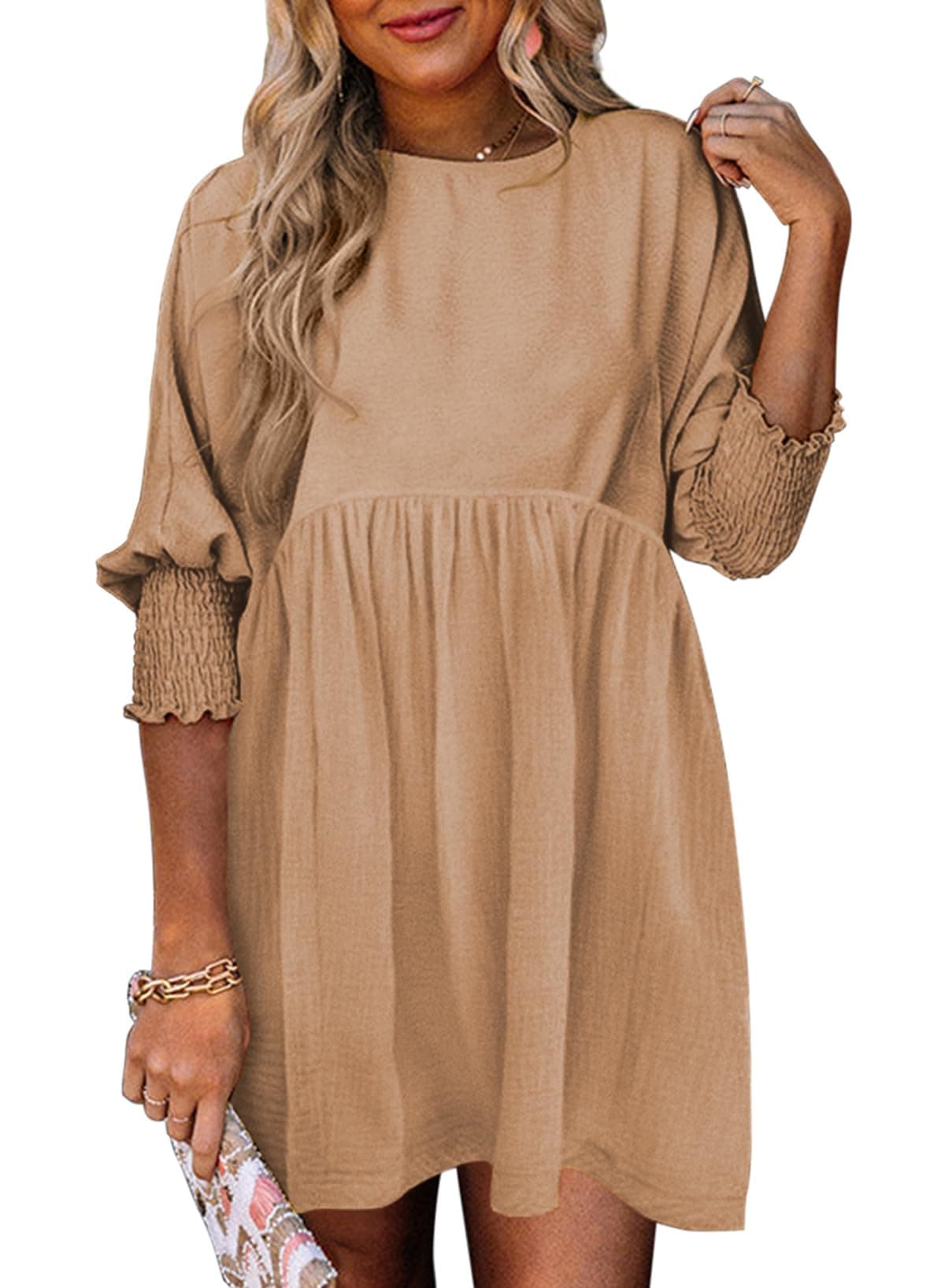 Dokotoo Womens Plus Size Fall Dresses for Women 2025 Empire Waist Cute Babydoll Tunic Dress Casual Short Sleeve Flowy Shirt Dress Church Thanksgiving Outfits Beige Dresses for Women XL