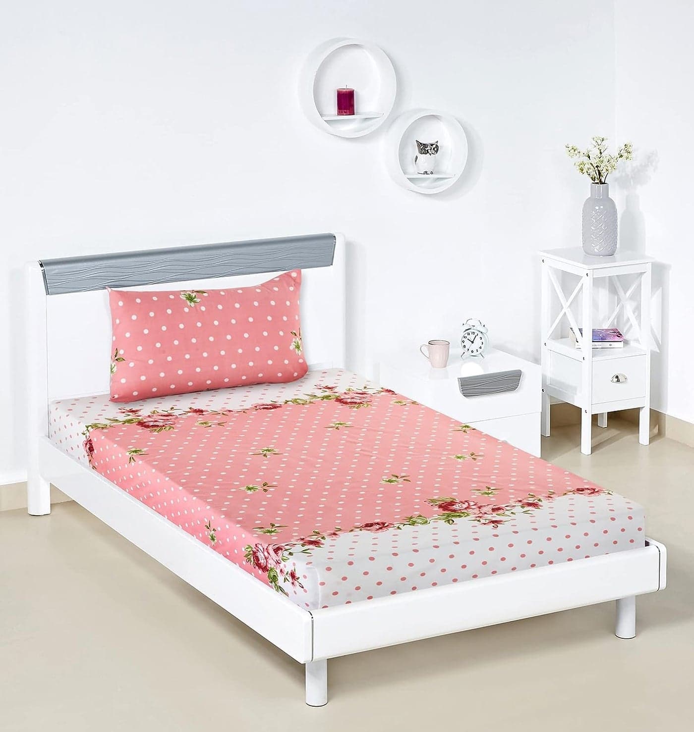 IVAZA 144 TC Ezyption Cotton Bedsheet for Single Bed with 1 Pillow Covers | Super Soft Thread Count 144 Brushed Ezyption Cotton -Long Lasting & Wrinkle Free Pink