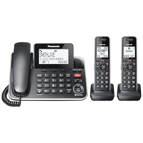 Panasonic Link2Cell Expandable Phone with Digital Answering System & Smart Call Blocker, One Corded Base Unit and Two Cordless Handsets Black - KX-TGF882B