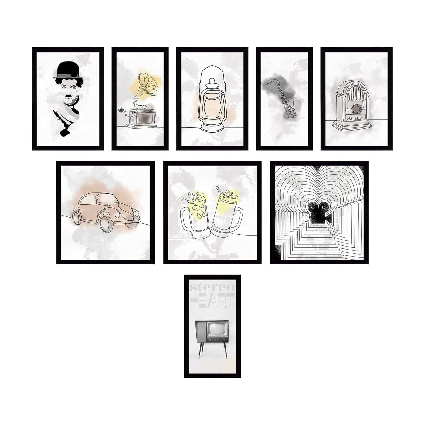 Ritwikas Minimal Abstract And Line Wall Art Collection Of 90s Vintage And Nostalgic With Frame Perfect for Home and Office Decor in Different Sizes 10 SET OF 9 ALL