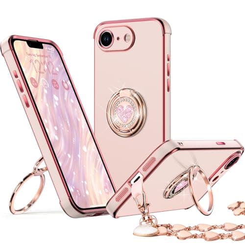 XYZ for iPhone 16E Case with Stand, Phone Case with Double Ring Kickstand, Women Girls Cute Love-Heart Bling Luxury Protective Phone Cover for Apple 16E 2025, Pink