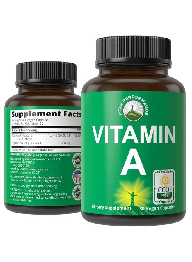 Certified Organic Vitamin A 5000 IU Supplement Capsules High Potency Vitamins. For Adults, Men, Women, Kids. Made with Organic Carrot Juice. Great for Immune, Skin, Eye Support. Non GMO, Vegan Pills
