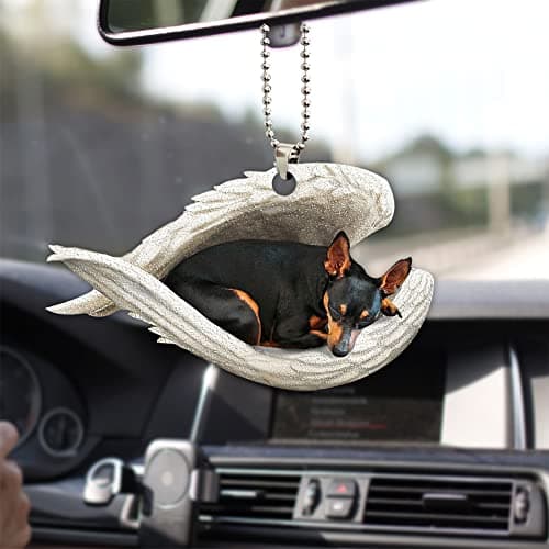 Talataca Miniature Pinscher Sleeping Angel Animal Pet Dog Farmhouse 2D Flat Car Rear View Mirror Accessories Christmas Tree Ornament Decoration Hanging Charm Interior Rearview Pendant Decor Gift