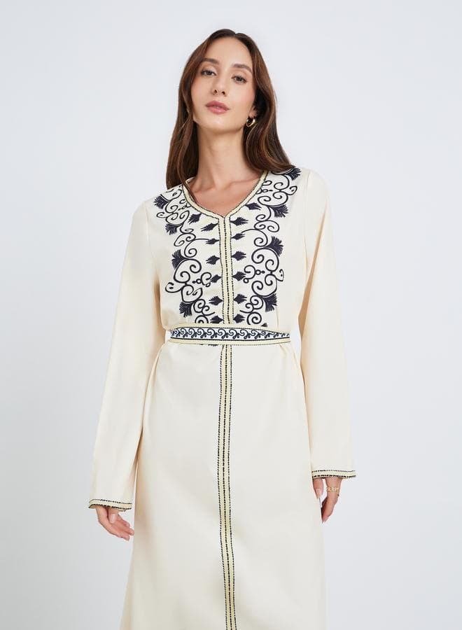 Women Beige Floral Embroidered Maxi Dress