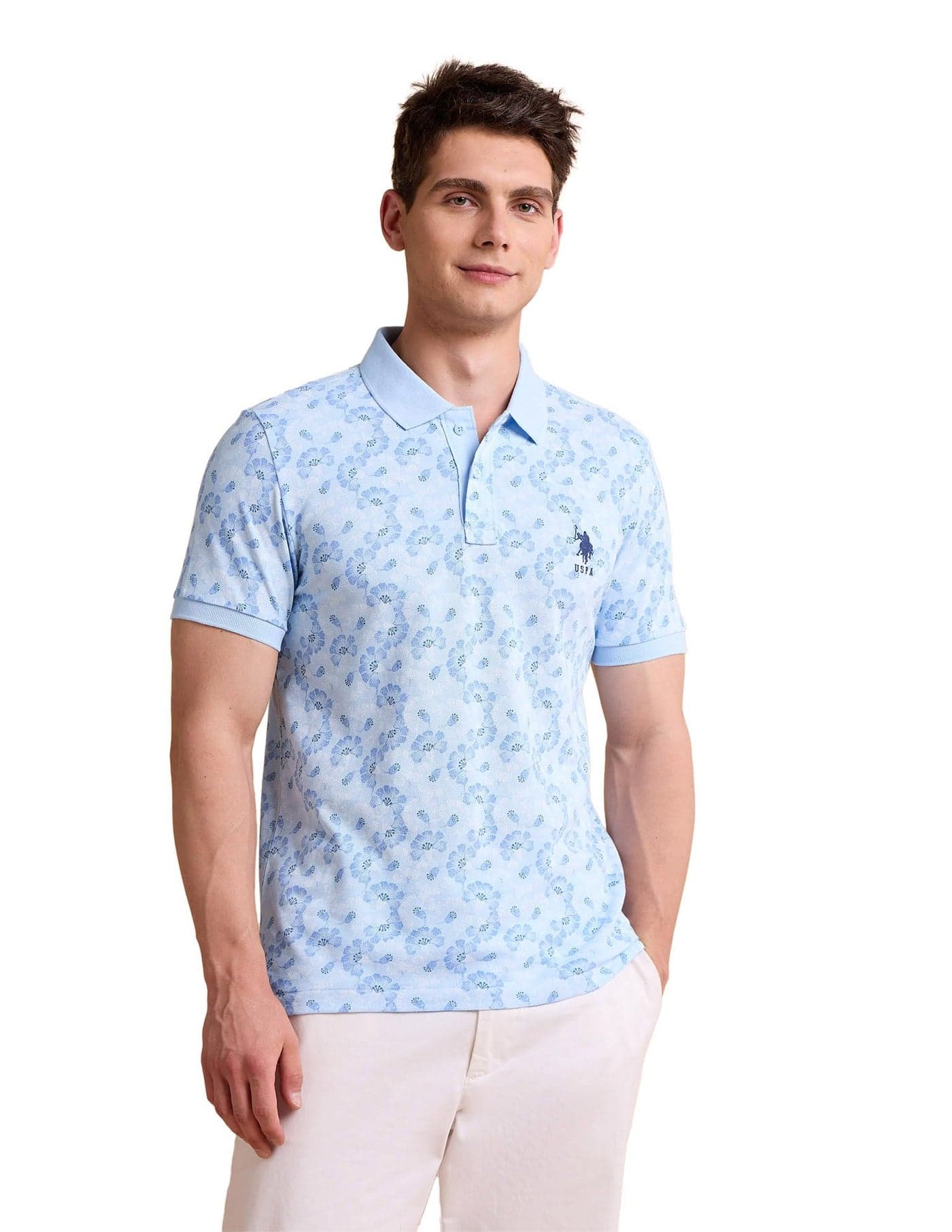 U.S. POLO ASSN. Men's Floral Printed Pure Cotton Polo Shirt Light Blue