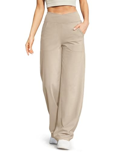 G4Free Dress Pants Women Cross Waist Wide Leg Yoga Pants with Pockets Comfy Casual Workout Pajama Sleep Pants(Light Khaki,M,31")