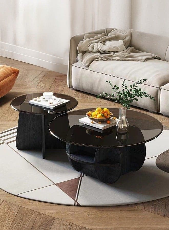 Round Coffee Tables Set of 2, Geometric Glass Top with Solid Wood Base Coffee Table for Living Room with Storage Compartment Space, Farmhouse Center Table for Living Room Home Office Black 70+50 cm