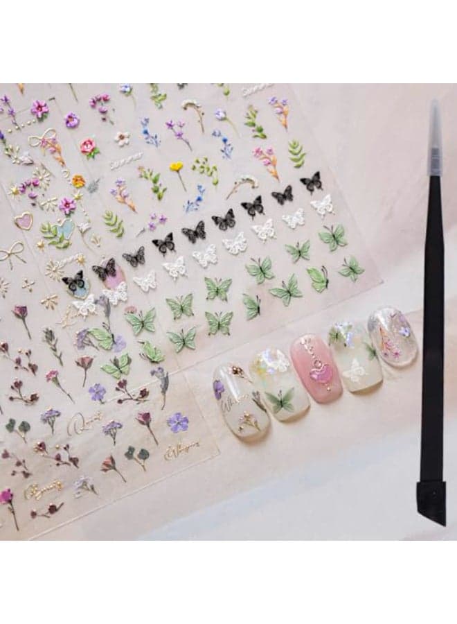 Picksweet Flower Nail Stickers for Nail Art Decals Charms5D Embossed Floral Butterfly and Heart Gem SelfAdhesive 5 Styles Craft Nail Supplies 2 Sheets with Tweezers Kit for Women Decoration