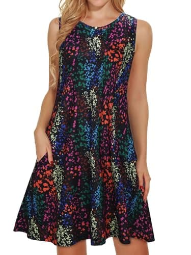 Summer Dresses for Women Beach Floral Tshirt Sundress Sleeveless Pockets Casual Loose Tank Dress(Black Colorful,L)