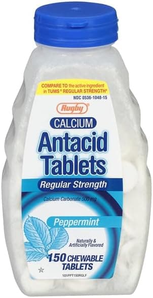 Rugby Calcium Carbonate 500mg Antacid Tablets Peppermint Regular Strengh 150 Chewable Tablets 2 Pack