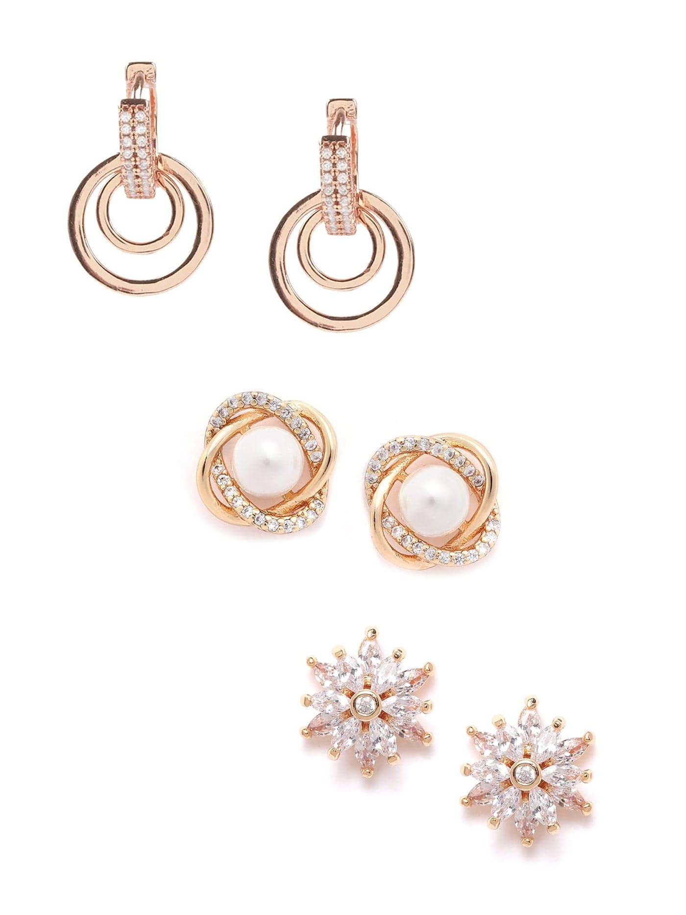 Zaveri Pearls Combo of 3 Rose Gold Cubic Zirconia & Pearls Brass Stud & Drop Earring For Women-ZPFK10858