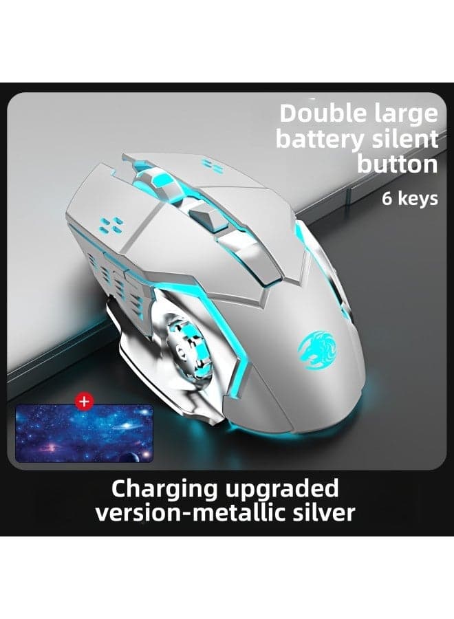Forerunner Wireless Mouse High Color Value Bluetooth Mechanical Mute Rechargeable Laptop Game E-Sports Office-Color:Metallic Silver-charging Upgrade + Pad-Interface:Official Standard
