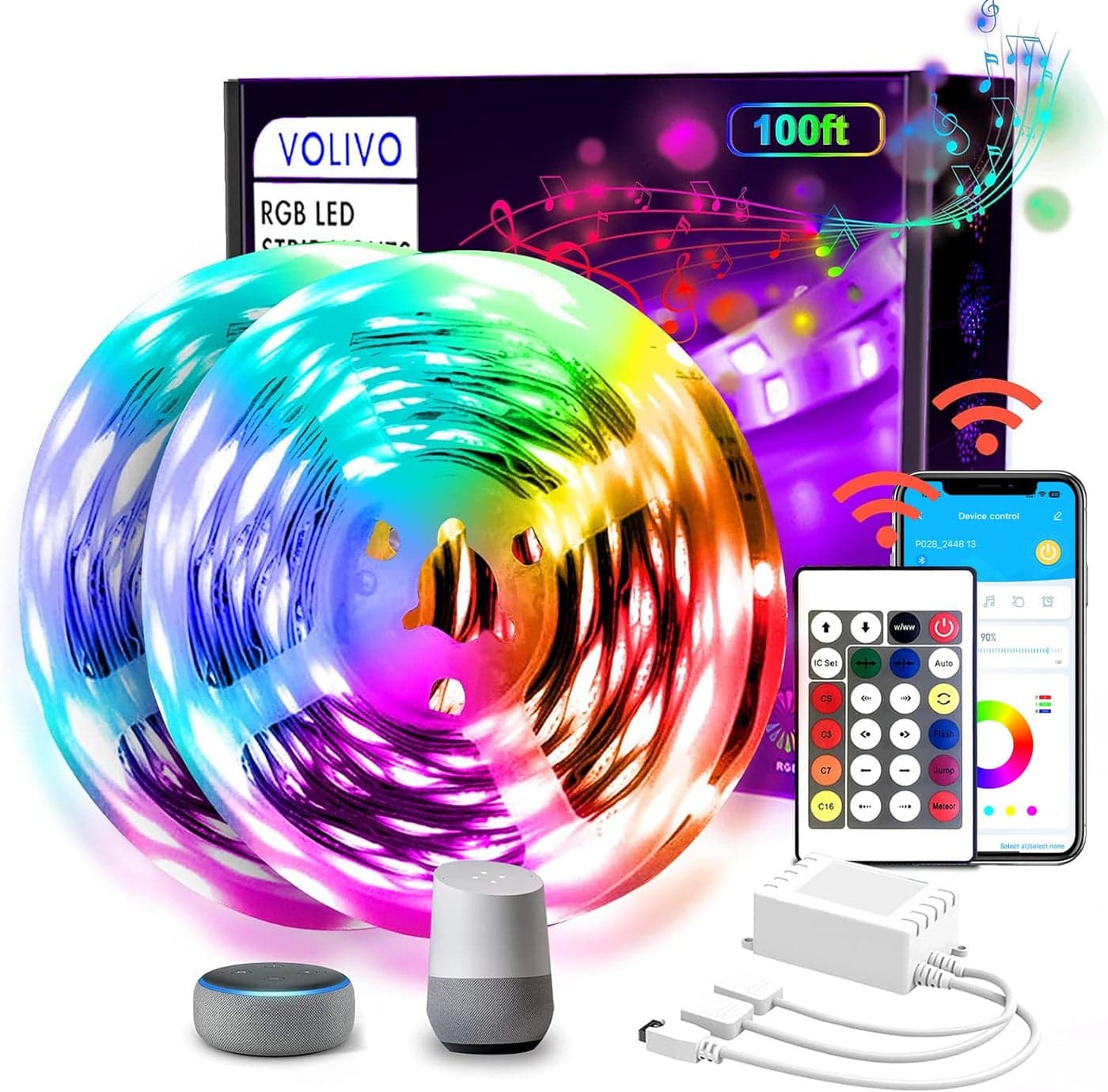 VOLIVO LED Strip Lights WiFi 100 FT Compatible with Alexa and Google Assistant 2 Rolls of 50ft RGB Led Light Strip Music Sync Color Changing Lighting for Bedroom Home Kitchen Party Decors