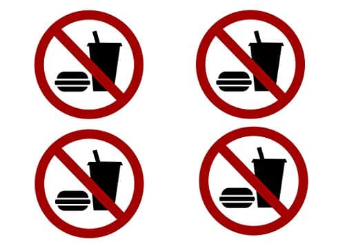 Rogue River Tactical 4 Pack No Food or Drinking Allowed Sticker Set Sign Warning 3x3 Inch Vinyl Decal Indoor Outdoor Window Business Retail Store
