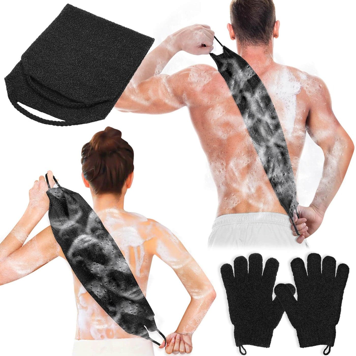 Anezus Exfoliating Back Scrubber Bath Gloves Set Exfoliating Shower Towel with Shower Gloves for Body Scrub Back Cleaner Wash Gloves to Remove Dead Skin Black
