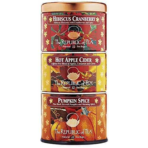 The Republic of Tea Harvest Stackable Tea Tin 36 Tea Bags Hibiscus Cranberry Herb Hot Apple Cider Herb and Pumpkin Spice Black Gluten Free