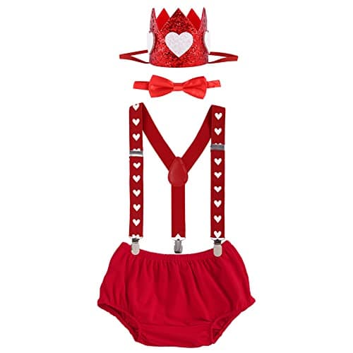 IMEKIS Toddler Baby Boy Valentines Outfit: 1st Birthday Smash Cake Diaper Cover Suspender Bowtie Crown Headband Party Infant Cupid Photoshoot Red