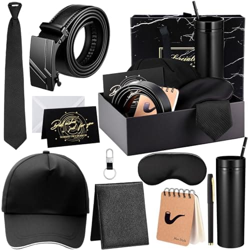 AmazingSpark Fathers Day Birthday Gifts Baskets for Men Box Gift for Men 16 oz Tumbler Wallet Eye Mask Leather Belt Tie Keychain Pen Journal Hat Set for Dad Husband BrotherBusiness Gift Box