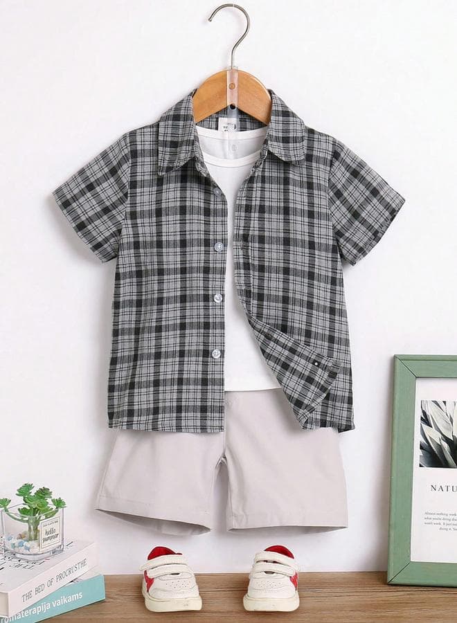 Boys Checked Short Sleeve Shirt And T-Shirt With Shorts Set