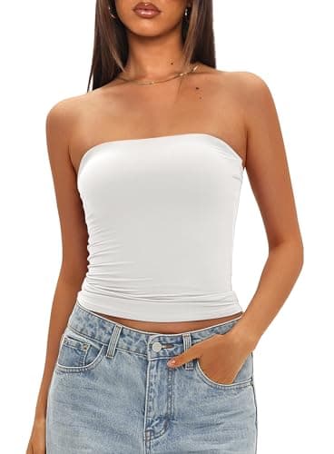 Darong Womens Tube Tops Strapless Crop Tops Double Lined Basic Going Out Tank Top Bulit in Bra 9205 White M