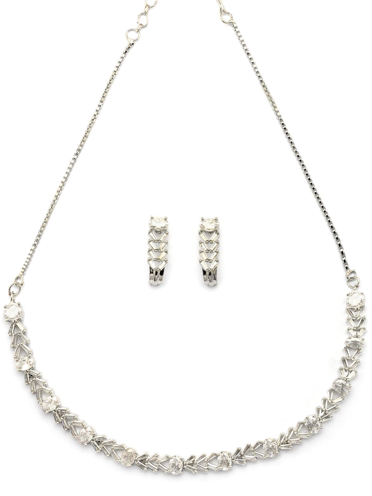 Sukkhi Sophisticated Stylish Rhodium Silver Toned Plated American Diamond Studded Choker Necklace With Drop Earrings Jewellery Set for Women & Girls|NS107416