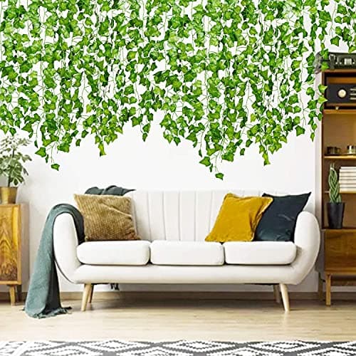 Dekorly Artificial Green Leaf Vine Money Plant Hanging, Artificial Ivy Leaves, Artificial Creeper Leaf Vine, Artificial Ivy Foliage, Ivy Wall Decor,Roof Decor | Each Plant 6 Feet (Green-B, 12)
