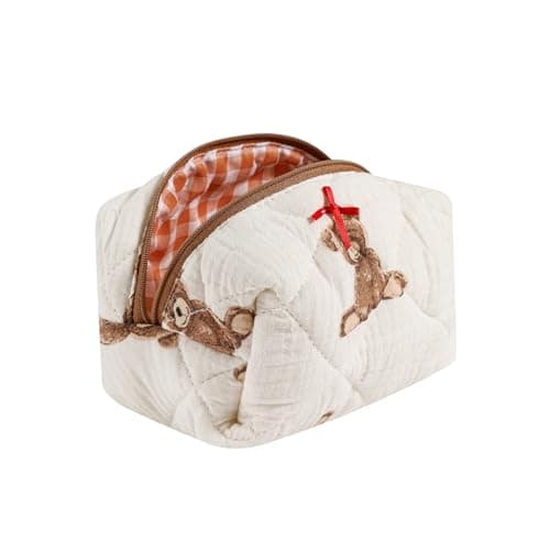 Cute Small Floral Cotton Makeup Bag Quilted Zipper Pouch with Coquette Bear for Women and Girls Kawaii Travel Cosmetic Bags for Purse01Little Bear