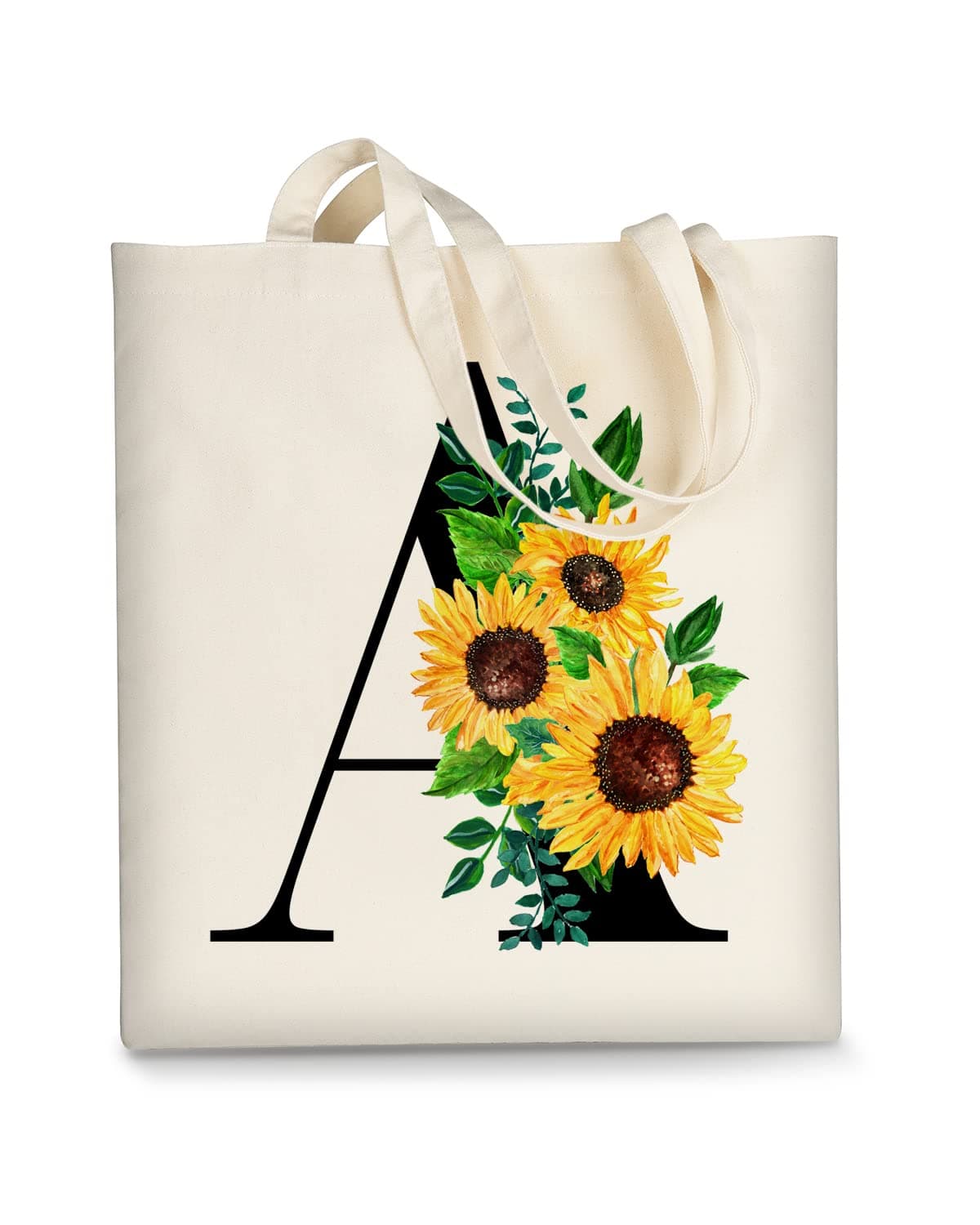 AUSVKAI Canvas Tote Bag Aesthetic for Women Cute Sunflower Initial Trendy Monogram Personalized Initial Birthday Reusable Cloth Cotton Bags with Handle for Grocery College Shopping Beach