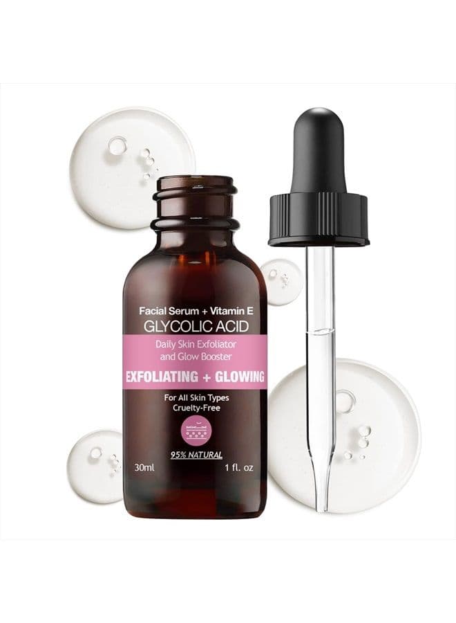 MADE IN USA 95% NATURAL GLYCOLIC ACID Facial Serum for Exfoliating Smoothing Glowing Face Skin with Allantoin Soybean 30ml 1 fl oz - PURIFECT by Symphony Beauty - Non Irritating Formula (Glycolic Acid
