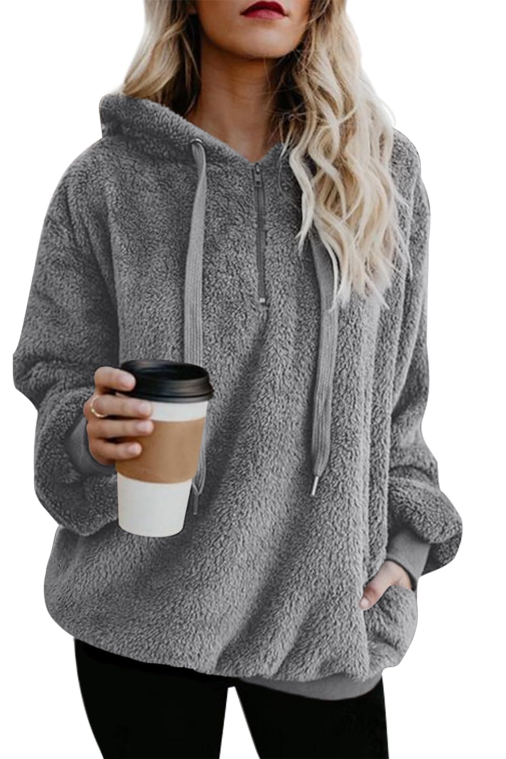 Yanekop Womens Sherpa Jacket Fuzzy Fleece Zip Up Hoodies Quarter Zip Pullover Sweatshirts Oversized Winter Coat Outfits(B Light Gray,S)
