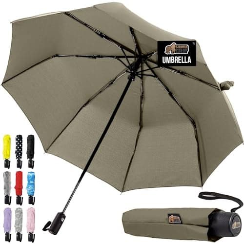 GORILLA GRIP Strong Windproof Stick Compact Umbrella for Rain, One-Click Automatic Open and Close, Durable Quick Dry Waterproof Material, Lightweight and Portable, Travel Size Fits Backpack, Beige