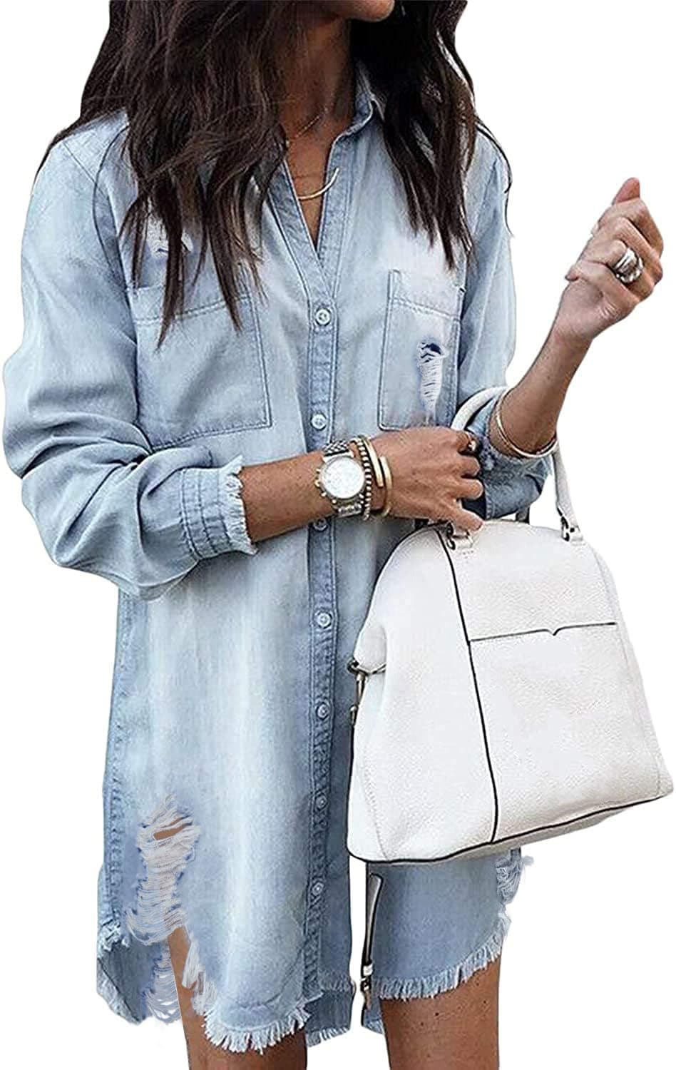 Zilcremo Women Denim Shirt Dresses Long Sleeve Distressed Jean Dress Button Down Casual Tunic Top Rippedlightblue M