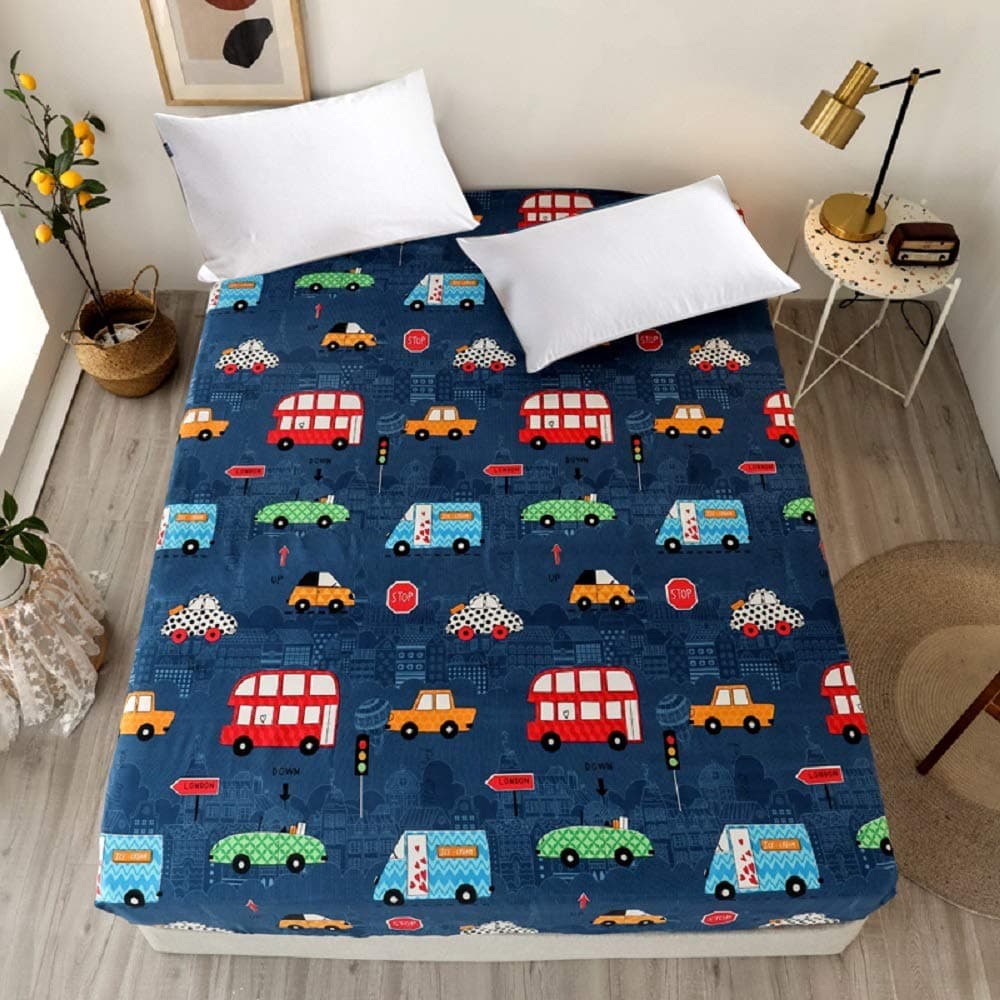 NATURETY Bedding Fitted Sheet with Deep Pocket Mattress Cover SheetsThicken Fabric Cars Printed Bed Sheets Navy BlueCars Twin