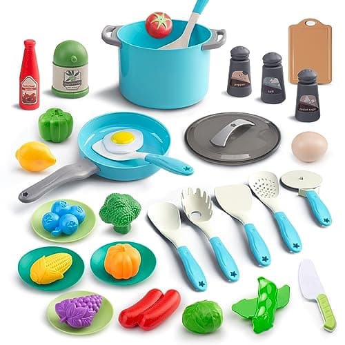 35Pcs Kids Kitchen Toy Accessories Toddler Pretend Cooking Playset with Play Pots Pans Utensils Cookware Play Food Set Toy Vegetables Learning Gift for Girls Boys Turquoise