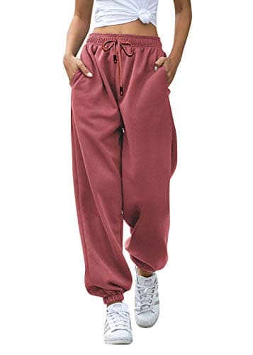 Cotton Joggers for Womens Fashion Lightweight Thick Sweatpants Sporty Gym Workout Plain Wide Leg Fit Lounge Pants Brick Red S