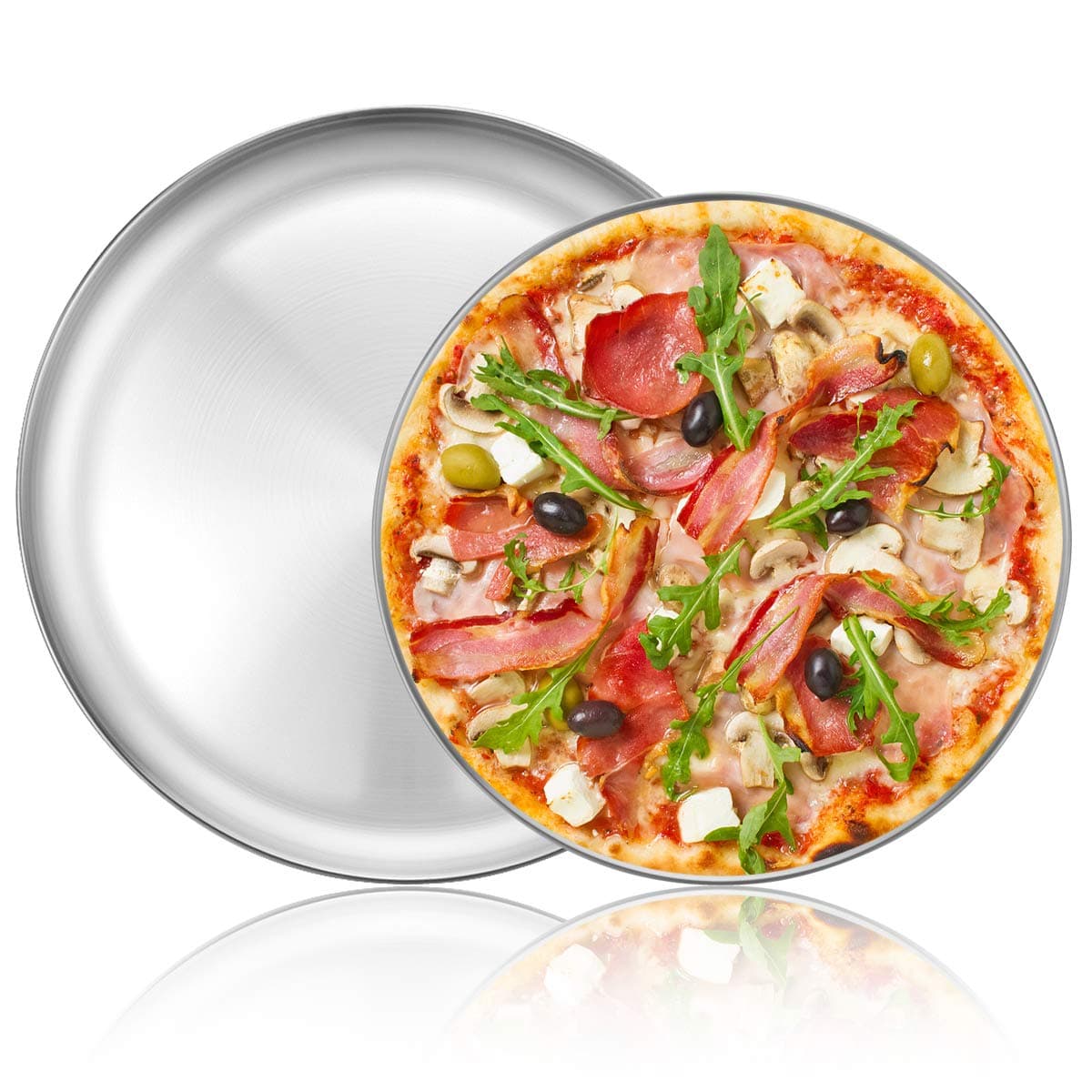 Deedro Pizza Baking Pan Pizza Tray Stainless Steel Round Pizza Baking Sheet Heavy Duty Pizza Crisper Pan for Oven Dishwasher Safe Pizza Serving Tray 12 inch 13 inch 2Piece Set