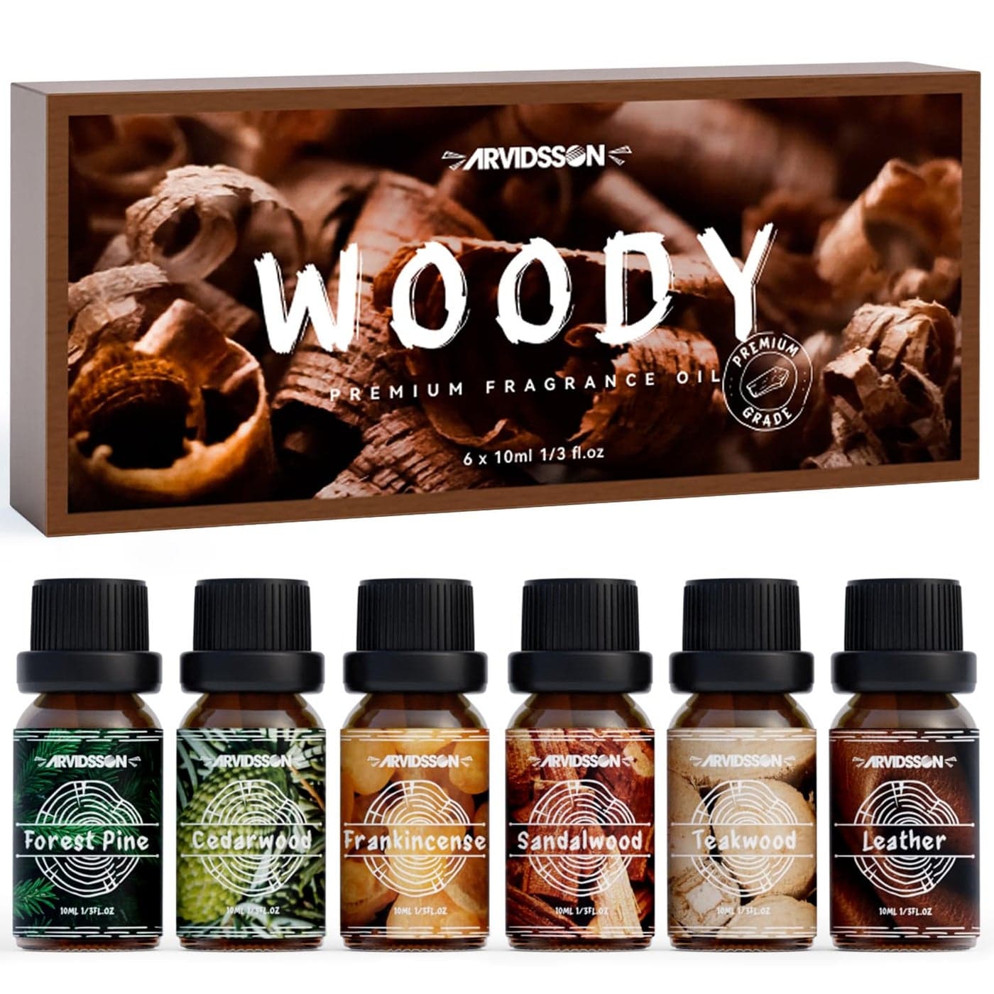 Woody Essential Oils Set ARVIDSSON Woodsy Fragrance Oil for Candle Making Sandalwood Leather Teakwood Frankincense Cedarwood Pine Diffuser Essential Oil for Men and Women