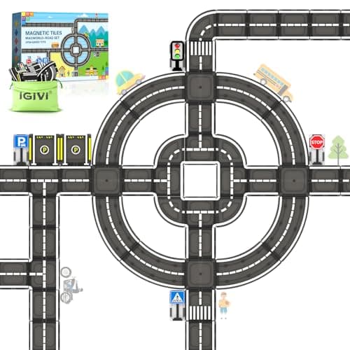 IGIVI Magnetic Tiles Road Set Roads Expansion Pack Magnetic Blocks Building Toys for Toddler Creative Montessori Toys for 3 Year Old Boys Girls Ideal Gifts for Kids Ages 35 57