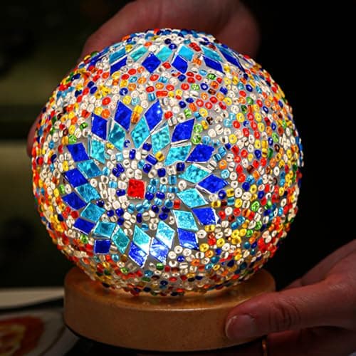 HAIDOLIANG Turkish Table lamp (D:4.7" x H:5.2"),Mosaic Glass Lamps with Wooden Base, Bohemian Tiffany Bedside Lamps, USB Power Moroccan Lantern for Living Room Decorations (Boho - Blue, Boho)