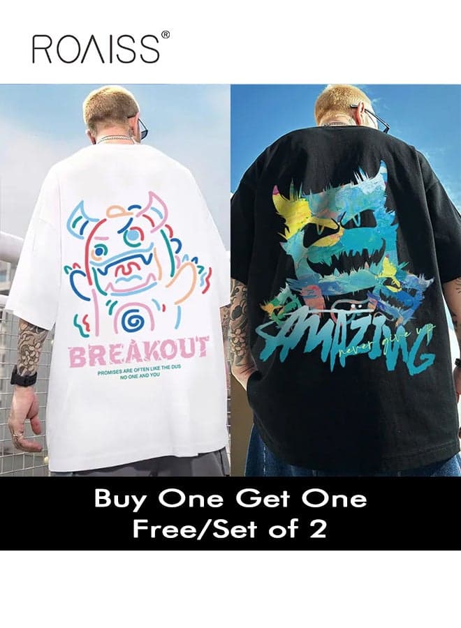 2Pcs Man's T-shirt Loose Version Trendy All-Match Pattern Printing Short Sleeves