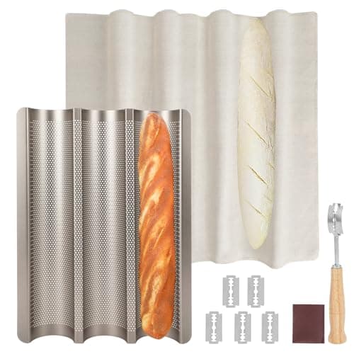 Barlket Baguette Bread Pan Perforated French Bread Pan Nonstick Bread Pans for Baking with Baguette Kit Includes Proofing Cloth Dough Cutter 15x11 Inch Gold 3 Loaf