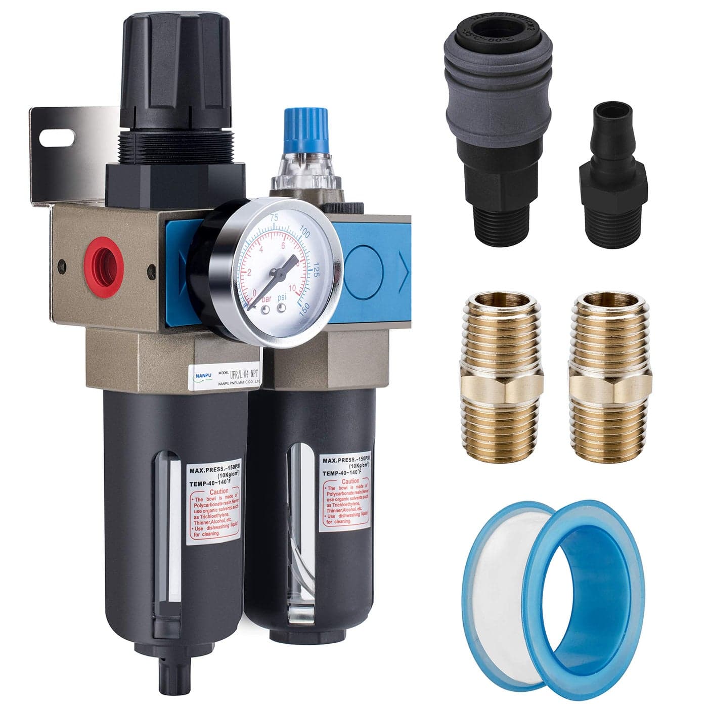 NANPU 12 NPT Compressed Air Filter Regulator Lubricator FRL 5 Micron Brass Element 0150 psi Gauge Manual Drain Metal Bracket