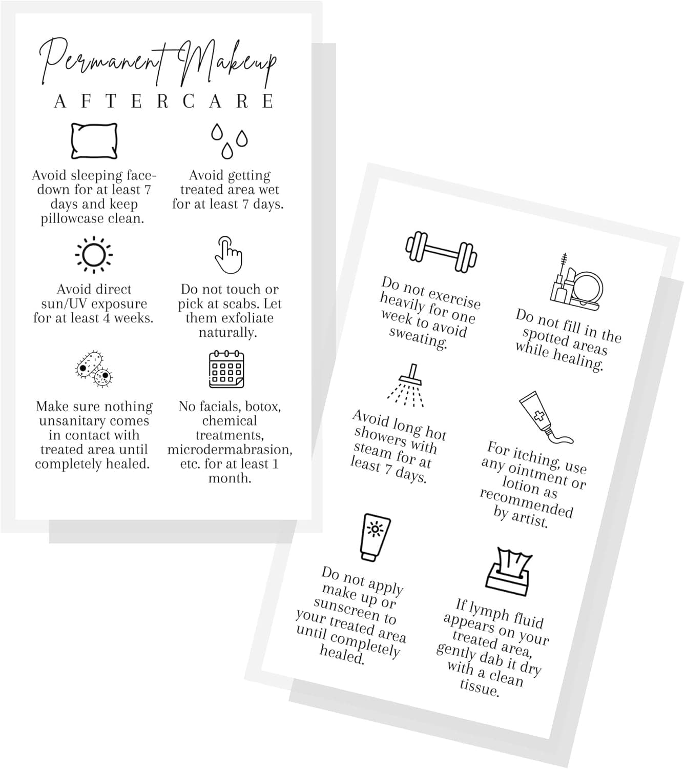 Permanent Makeup PMU aftercare Instructions Minimalist | 50 pk 2 x 3.5” business cards Makeup Artist Tattoo Microblading, Lip Blushing, Eyeliner Client Cards How To Care for White and black Simple