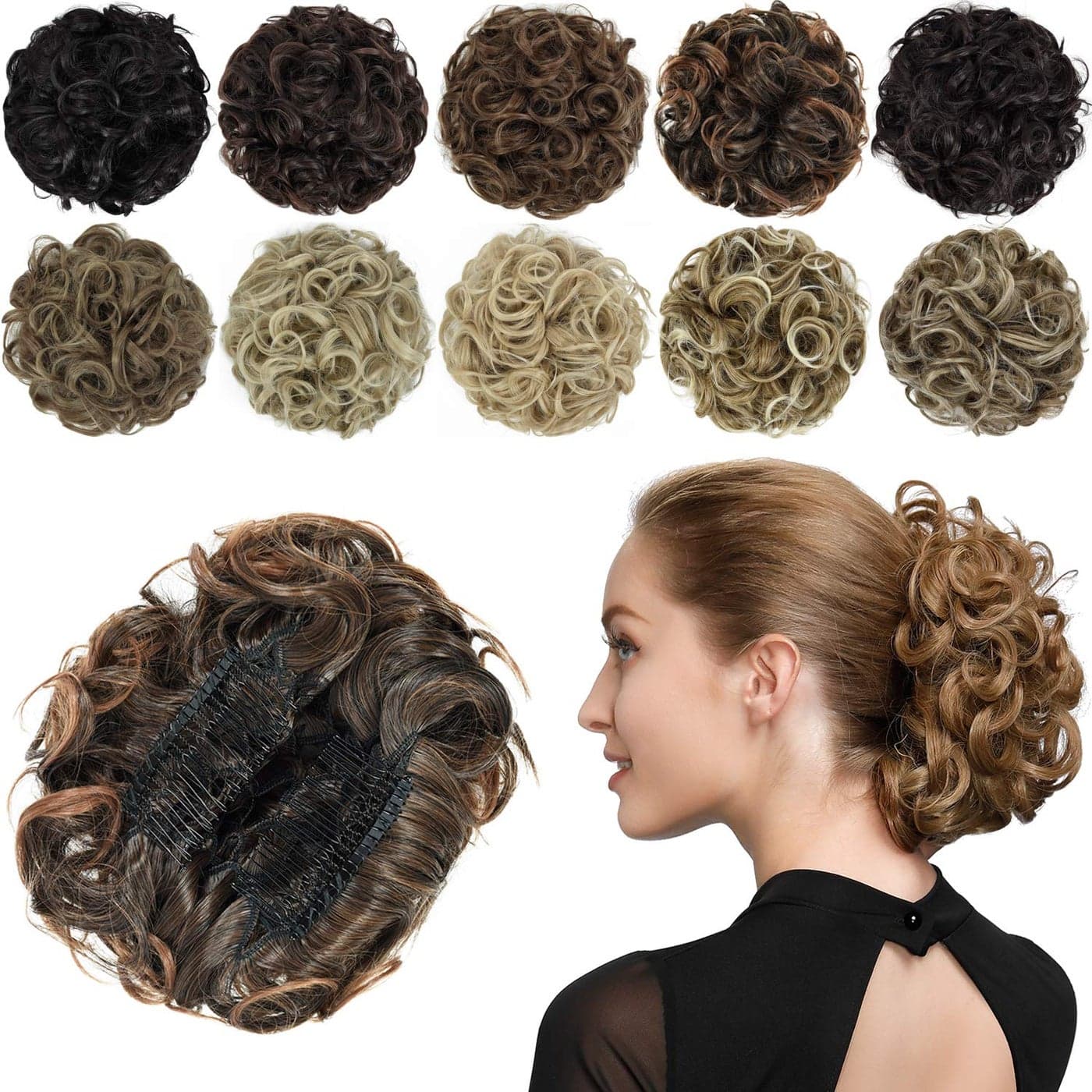 Rose bud Chignon Hairpiece Curly Bun Extensions Scrunchie Updo Synthetic Combs in Messy Bun Hair Piece for Women Darkest Brown to Light Auburn