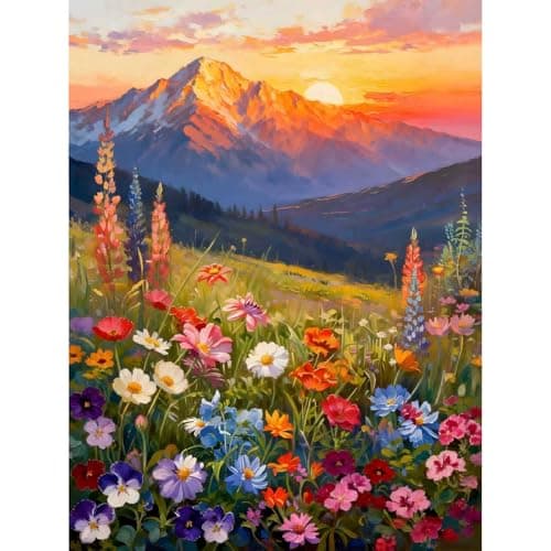 Clendo Landscape Paint by Numbers Kit for Adults Beginner, Flower Mountain Adult Paint by Number Kits on Canvas, Sunset Oil Painting Kit for Beginners Gift Home Wall Decor 16x20 Inch