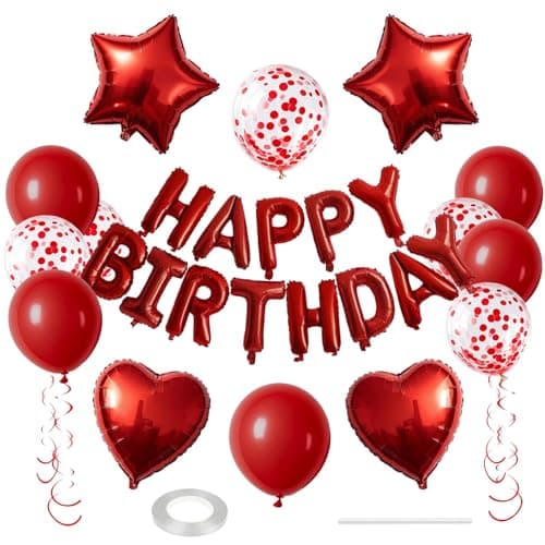 WEIKA 27 Pcs Red Birthday Decorations, 3D Foil Red Happy Birthday Balloon Banner, Pentagram Heart Foil Balloons Confetti Balloons Kit For Boys Girls Birthday Party Supplies