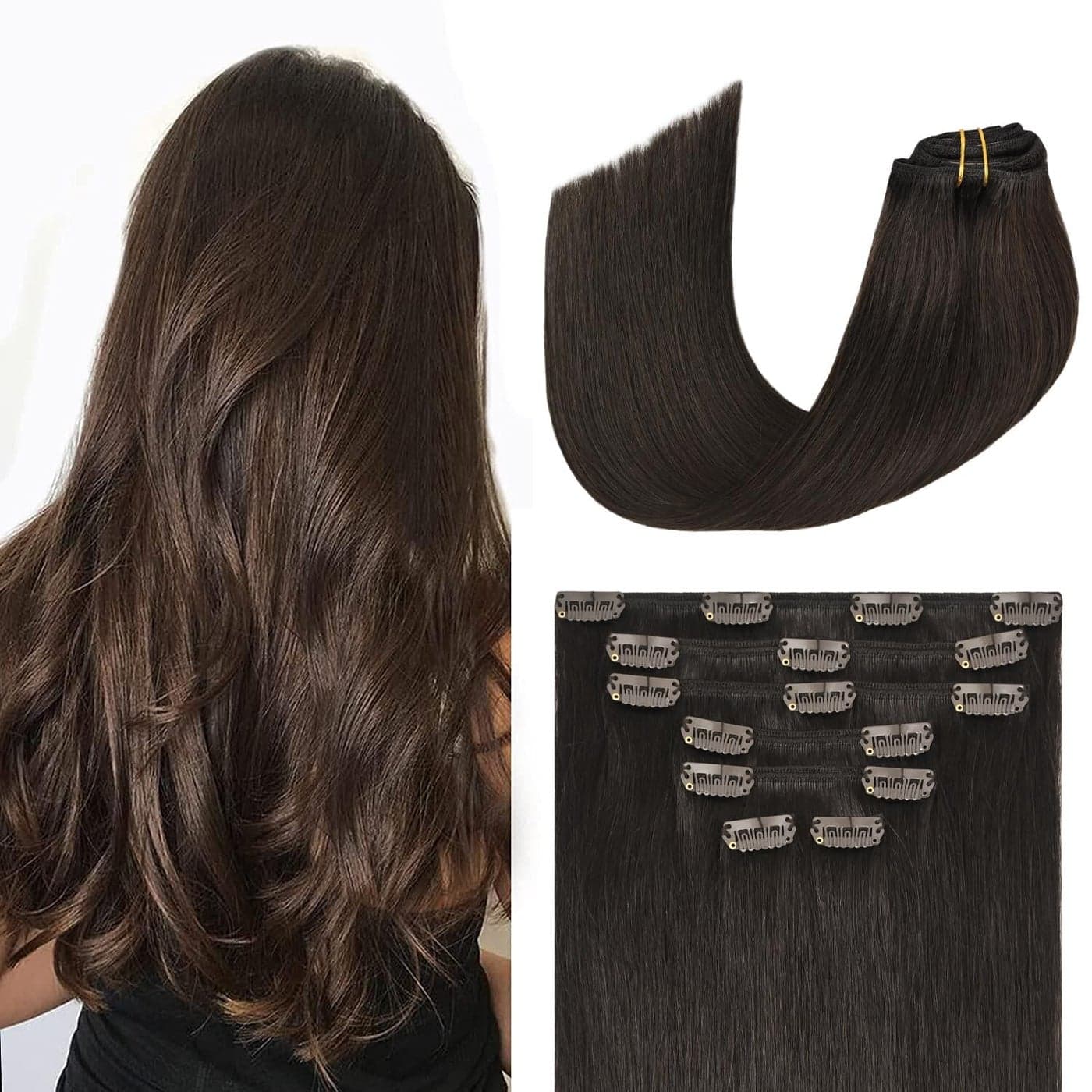 Aison Clip in Hair Extensions Real Human Hair 70G Dark Brown 100 Remy Human Hair Clip in Hair Extensions Soft Silky Straight for Fashion Women 15 Inches 7pcs 16clips Brown Hair Extensions