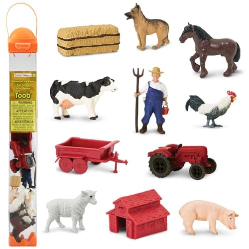 Safari Ltd Country Farm TOOB Figurines of Cow Farmer German Shepherd Shire Horse Rooster Trailer Tractor Pig Hay Bale Ewe Barn Educational Toy Figures For Boys Girls Kids Ages 3