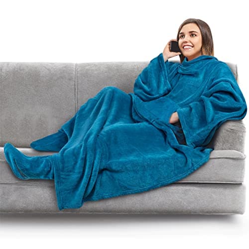PAVILIA Fleece Blanket with Sleeves, Foot Pockets for Women Men Adults, Plush Wearable Blanket Throw Wrap, Warm Snuggle Blanket Robe, Cozy Gift Ideas Wife Mom Teal Blue